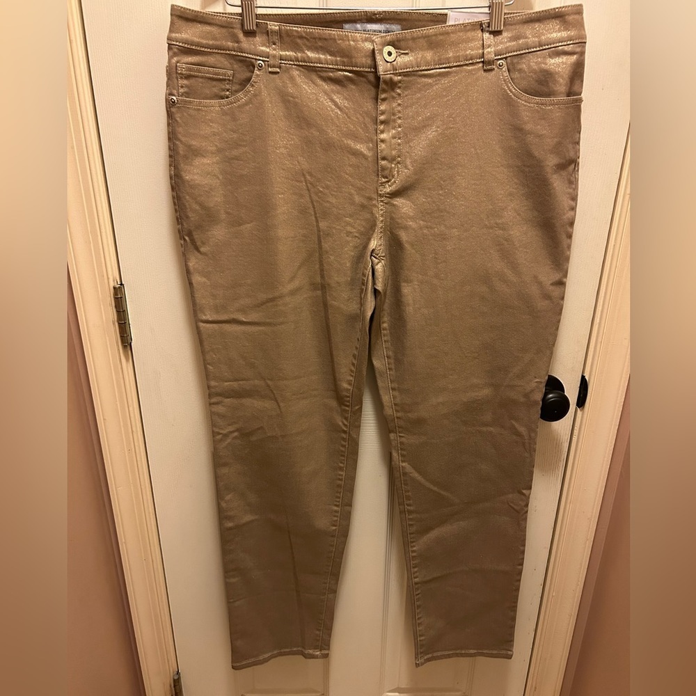 Chico’s Platinum Denim Metallic Gold Slim Leg Jeans Sz 3R NWT!
